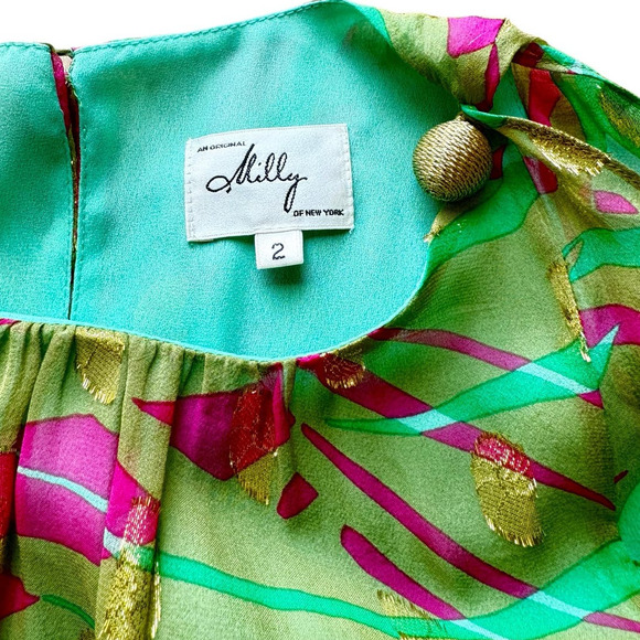 Milly New York Tropical Resort Silk Blouse Size 2 Green Pink Gold - Picture 3 of 6